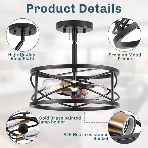 Vista 2 de mavcadonf Lámpara de techo semiempotrada de 2 luces, de 14 pulgadas, industrial y moderna, con jaula de metal, lámpara de techo con acabado