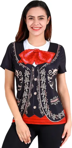 Vista 3 de Funny World Camisetas de mariachi para mujer, disfraz de fiesta mexicana de manga corta