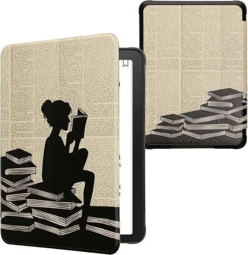 Vista 36 de kwmobile Funda compatible con Amazon Kindle Paperwhite 11. Generación 2021 - Funda para lector electrónico - Libros y páginas Beige/Marrón/Dorado