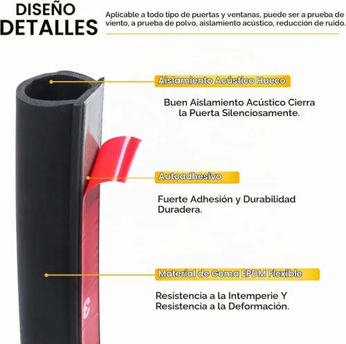 Vista 3 de Burlete de goma resistente en forma de D de 1/2 x 7/16 pulgadas, con sello de goma hueco con tira de junta de puerta de bombilla (autoadhesivo)