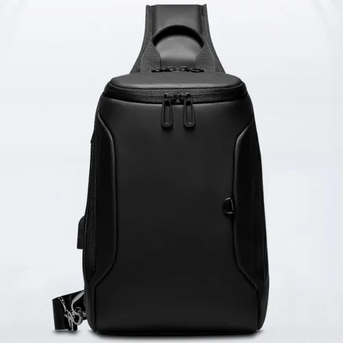 Vista 5 de Leathario Bolso bandolera de cuero para hombre, mochila cruzada para el pecho, mochila pequeña, multiusos, casual, viajes, Negro