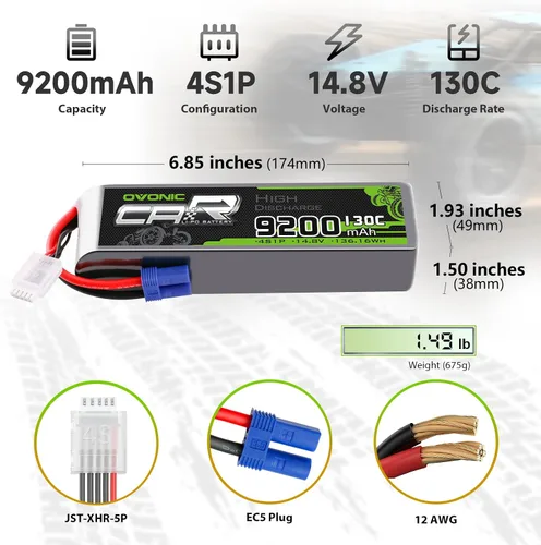 Vista 2 de OVONIC 4S LiPo Batería 9200mAh 14.8V 130C RC Batería con conector EC5 (paquete de 2)