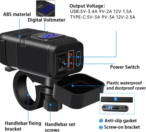 Vista 3 de Ankuee Cargador de teléfono USB para motocicleta, adaptador SAE a USB impermeable con voltímetro e interruptor de encendido/apagado, cargador doble