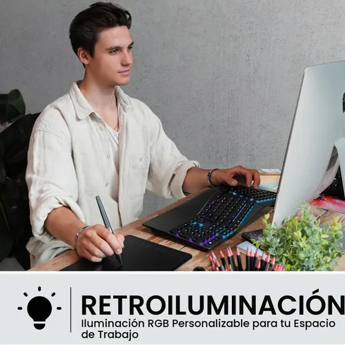 Vista 6 de Perixx PERIBOARD-835BL Teclado Mecánico Ergonómico Inalámbrico - Retroiluminación RGB - Interruptores de Clic Azules de Bajo Perfil - Conexión a