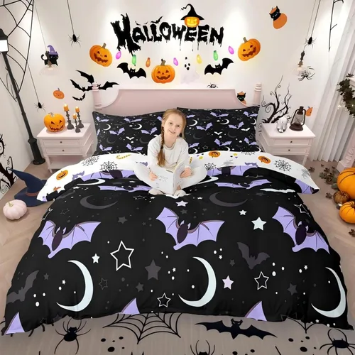 Vista 26 de Juego de ropa de cama de Halloween, funda de edredón gótica de murciélagos negros con telarañas, funda de edredón individual, diseño de arañas