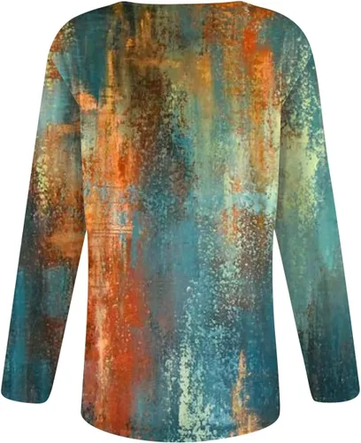 Vista 2 de Camisetas de talla grande para mujer, con estampado casual de moda, manga larga, cuello redondo, con solapa, cómodas, camisetas