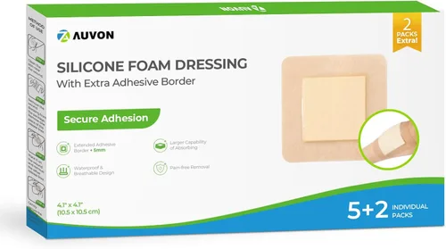 Vista 14 de AUVON Apósito de espuma de silicona con borde adhesivo grande, 3 x 3 pulgadas, 10 paquetes de vendajes para heridas con alta absorbencia, apósitos