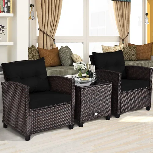 Vista 13 de Moderno juego de muebles de mimbre beige de 3 piezas para patio con cojines resistentes al agua y mesa de vidrio templado