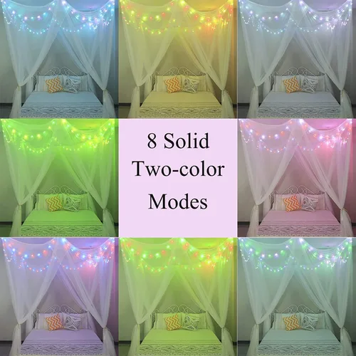 Vista 5 de Obrecis - Dosel de cama blanco con luces de estrella para niñas, cortinas de cama de princesa de 8 esquinas con 100 luces LED en forma de estrella