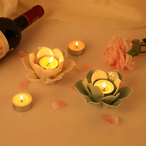 Vista 7 de OwnMy Portavelas de cerámica verde de flor de loto de 4.5 pulgadas para velas de té, portavelas de pétalo de loto para velas de té, soporte de vela