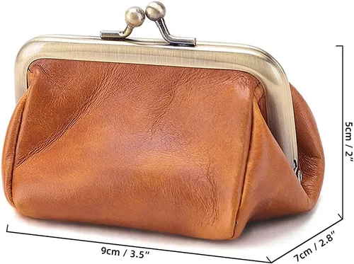 Vista 6 de ROUROU Bolso de mano de cuero genuino para mujer, con cierre de beso, billetera retro para monedero, organizador de monedas, lindo bolso, Negro