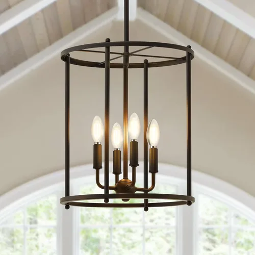 Vista 10 de Luvkczc Candelabro de 4 Luces, Luz de Techo Estilo Granja, Lámpara de Linterna Negra Accesorios de Iluminación con Jaula de Cuerdas, Altura