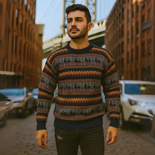 Vista 2 de Gamboa Suéter de alpaca hecho a mano con cuello redondo - Azul océano con Llamitas y diseño geométrico