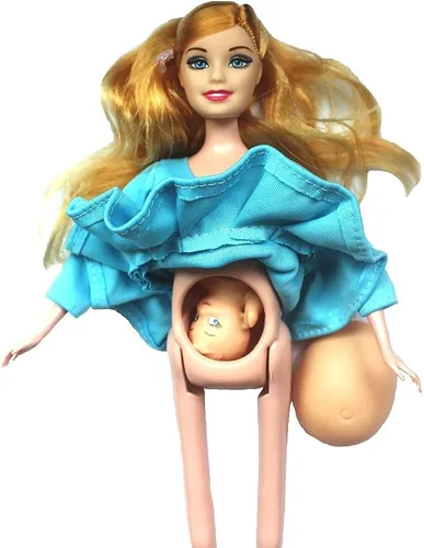 Vista 4 de KunHe Muñeca embarazada real azul tiene un bebé en su muñeca mamá barriga