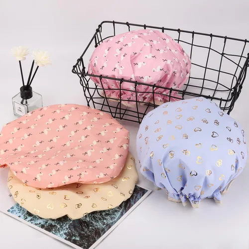 Vista 7 de 4 Piezas Gorros de Ducha para Mujeres y Niña, Gorro de Baño Reutilizable e Impermeable con Doble Capa Impermeable, Patrón de Pájaro y Corazón