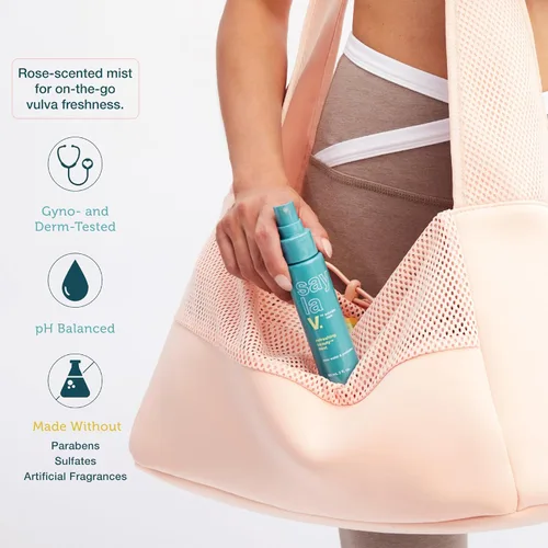 Vista 3 de say la V. Spray de higiene femenina refrescante para neutralizar el olor de vulva, prebióticos naturales, aloe vera y agua de rosas, probado por