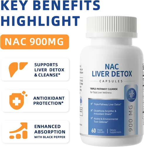Vista 2 de Suplemento NAC 900 mg – Limpieza del Hígado Desintoxicación y Reparación, Salud Antioxidante y Celular, Apoyo a la Defensa del Alcohol – Cápsulas