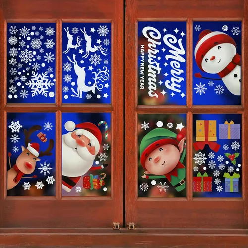 Vista 3 de 124 calcomanías de Navidad para ventana, calcomanías para vidrio, copos de nieve de Navidad, decoraciones de Papá Noel, renos para fiestas