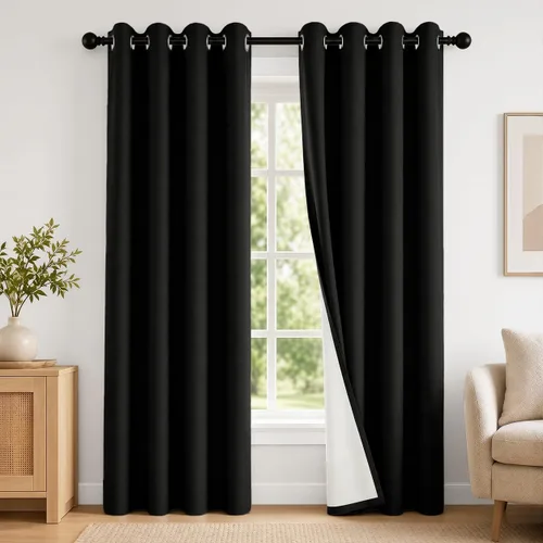 Vista 53 de 2 paneles de cortinas 100% opacas, de peso medio, con aislamiento térmico y ojales para dormitorio, sala de estar, tratamiento de ventana