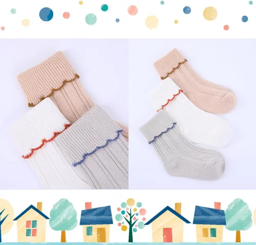 Vista 4 de WATOCHE Calcetines para bebés y niñas pequeñas con volantes, calcetines de vestir con volantes, calcetines antideslizantes para bebés, calcetines