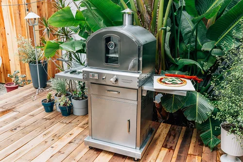 Vista 3 de Summerset Horno de gas independiente de gran capacidad para exteriores 'The Oven' con piedra para pizza, caja de ahumador y carrito móvil