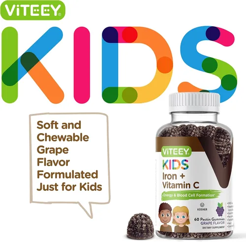Vista 2 de Viteey - Hierro para niños con vitamina C, sabrosa gomita masticable con sabor a uva Supports Energy, Blood Cell Formulation, Blood Builder Anemia