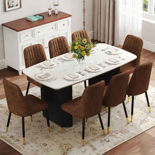 Vista 15 de Juego de mesa de comedor blanco Ebullient para 4, juego de mesa de comedor ovalada de mármol de 67' con 4 sillas de metal, parte superior de grano