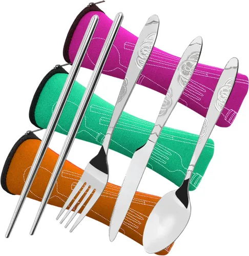 Vista 9 de Juego de 3 cubiertos para campamento, 12 piezas, cuchillos, tenedor, cuchara, palillos de acero inoxidable con estuche de transporte, cubiertos