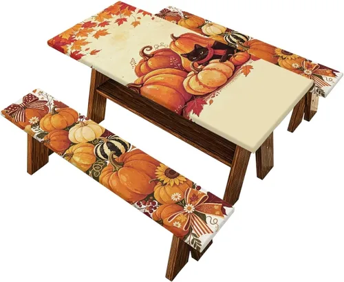 Vista 23 de Juego de 3 calcetines de árbol de Navidad de dibujos animados y galletas, funda de mesa de picnic ajustable con funda de banco, manteles Calcetines