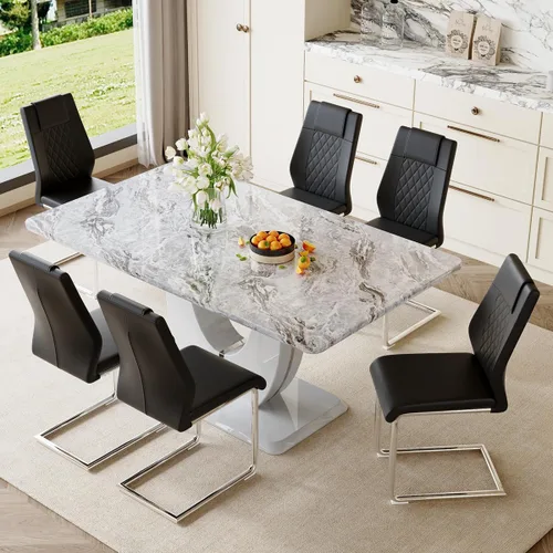 Vista 100 de JUFU Juego de mesa de comedor moderno para 4, juego de mesa de cocina rectangular de 63 pulgadas con mesa de mármol sintético y 4 sillas tapizadas