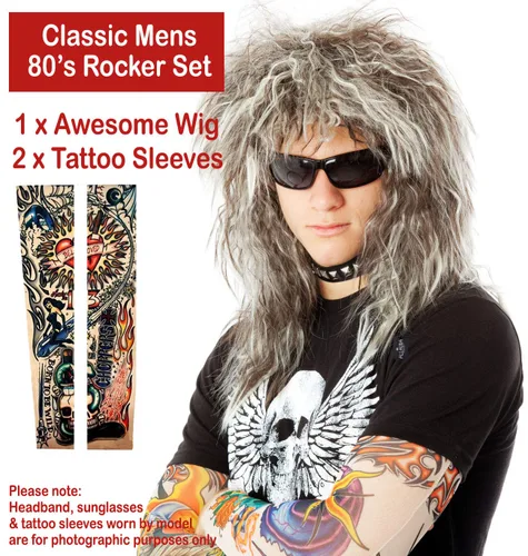 Vista 2 de ALLAURA Conjunto de peluca rockera de los años 70 y 80 para hombre + tatuajes de disfraz. Banda para el pelo glamorosa Rockstar Mullet peluca +