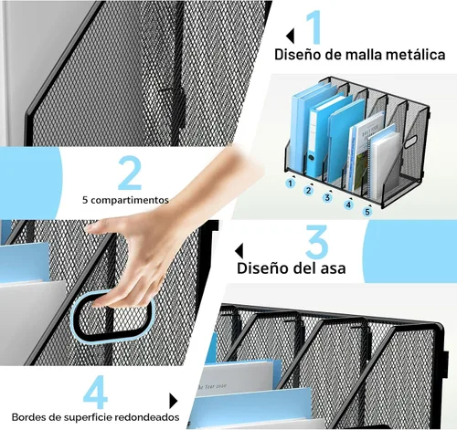 Vista 5 de MINDEPOT Organizador de Archivos de Escritorio de Metal Soporte para Carpetas de Revistas de Escritorio con 5 Compartimentos Verticales Organizador