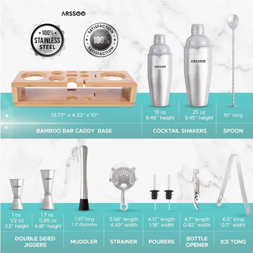 Vista 3 de Mixology Bartender Kit de 16 piezas de coctelera de acero inoxidable de alta calidad y elegante soporte de bambú Perfecto para mezclar bebidas