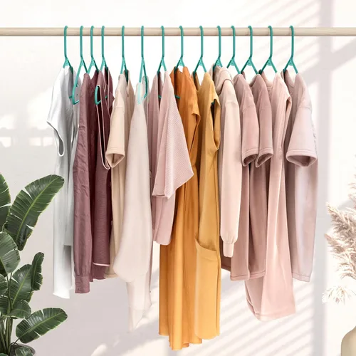 Vista 6 de Perchas de plástico, paquete de 50 perchas color aguamarina, son perfectas para colgar abrigos y ahorrar espacio en general para clósets y nuevos