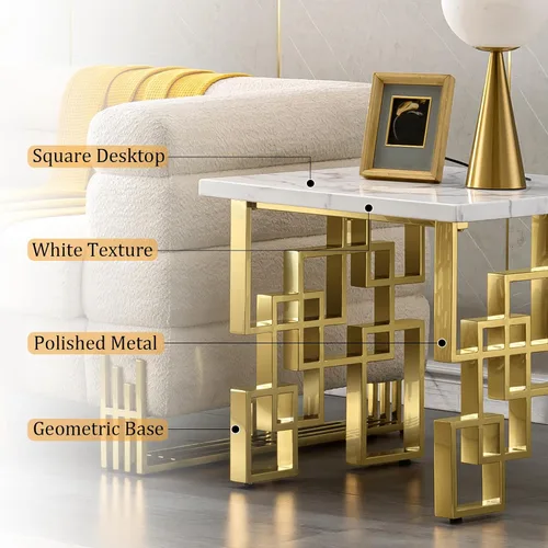 Vista 6 de AUZ Mesa auxiliar dorada, moderna mesa auxiliar cuadrada para sala de estar con parte superior blanca y base geométrica de metal dorado espejado