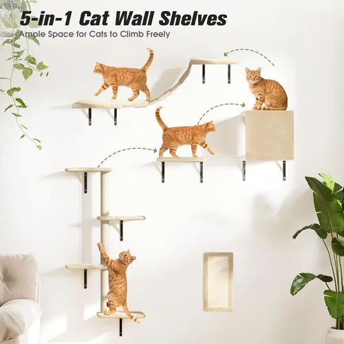 Vista 3 de COZIWOW Muebles para gatos montados en la pared, estantes y perchas de pared para gatos, estantes flotantes para gatos para pared, juego de 5 (beige)