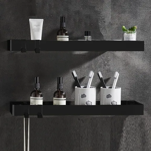 Vista 17 de Wallmounted Bathroom Shelf Floating Organizer with Hooks for Toiletries & Cosmetics 2Tier Black Rectangular Storage Rack for Shower & Kitchen