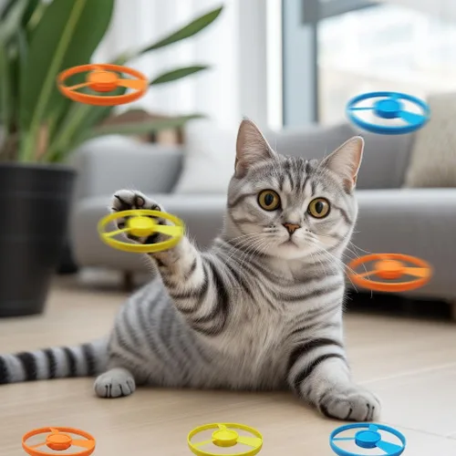 Vista 3 de Juguete de caza para gatos, juguete interactivo para gatos voladores con 20 hélices voladoras, juguete de pistas de gatito para entrenamiento, caza