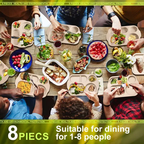Vista 6 de Tanlade - 8 platos divididos irrompibles grandes de 12 pulgadas para adultos, bandeja de comida de paja de trigo de 5 compartimentos, bandeja