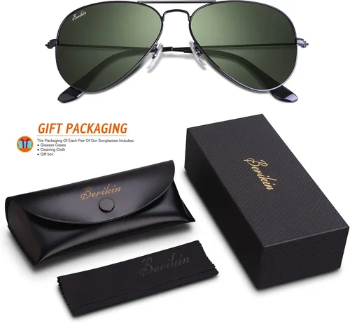 Vista 3 de Berikin Gafas de sol clásicas estilo aviador con revestimiento de espejo para hombres y mujeres, 100% protección UV400, lentes de cristal verde