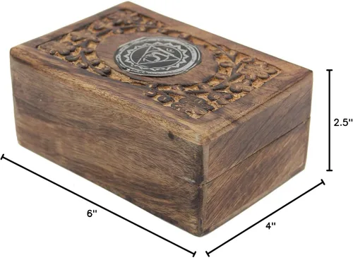 Vista 6 de Caja de almacenamiento de madera tallada a mano para joyería de chakras (garganta)