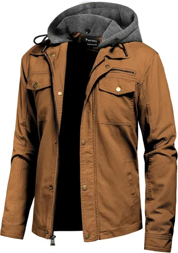 Vista 18 de Pursky Chaqueta de lona de algodón militar casual para hombre con capucha desmontable