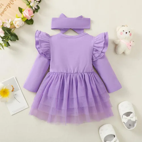 Vista 3 de Conjunto de mameluco de manga con volantes para bebé, para recién nacido, falda tutú sólida, conjunto con diadema