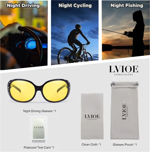 Vista 38 de LVIOE Gafas de conducción de visión nocturna envolventes antirreflejos con lente amarilla polarizada para mujer