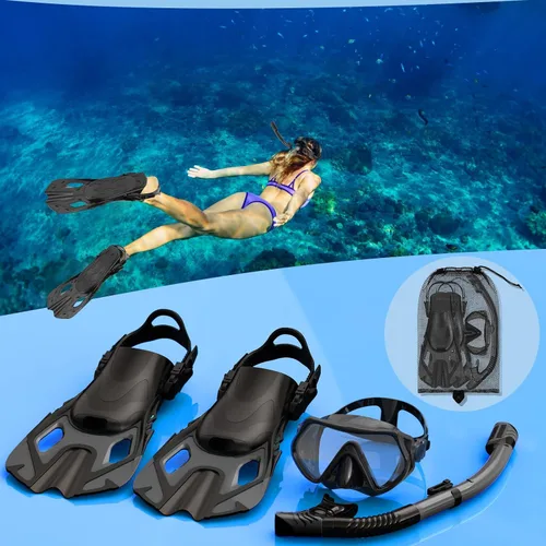 Vista 6 de Equipo de esnórquel para adultos, juego de máscara y aletas, esnórquel seco de la parte superior, kit de esnórquel, paquete de buceo para viajes