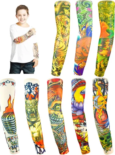 Vista 8 de Mangas de brazo de tatuaje falso a granel, 8 piezas de protección solar temporal para niños pequeños y grandes