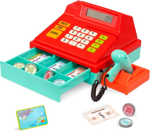 Vista 12 de Battat Kids - Caja registradora con escáner y sonidos, juego de 26 piezas Pretend play shopping set with calculator, light-up scanner, play money