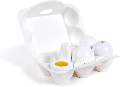 Vista 4 de Hape Cartón de huevos 3 huevos duros con cáscara fácil de despegar y 3 fritos, juguete educativo realista de madera para niños de 3 años