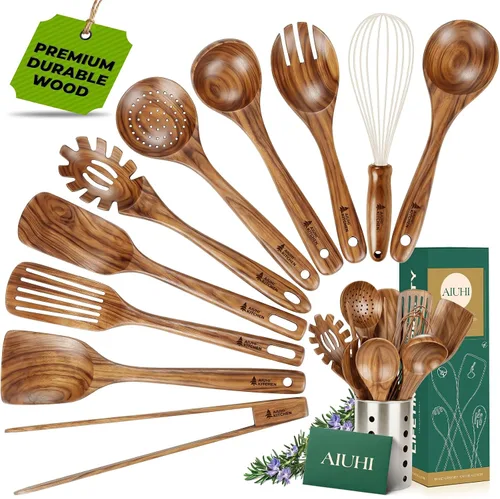 Vista 11 de AIUHI Juego de espátulas de madera de teca de 2 piezas, espátulas de cocina de madera para voltear, freír y servir, utensilios de cocina de madera