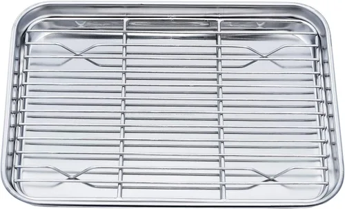 Vista 9 de TeamFar Juego de bandeja y rejilla para horno tostador, 9.3'' x 7'' x 1'', bandeja para horno tostador de acero inoxidable bandeja para asar,